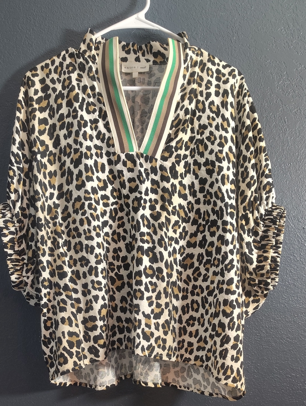 Entro Leopard  Print Dolman Sleeve  Top with Striped Green and Tan Trim